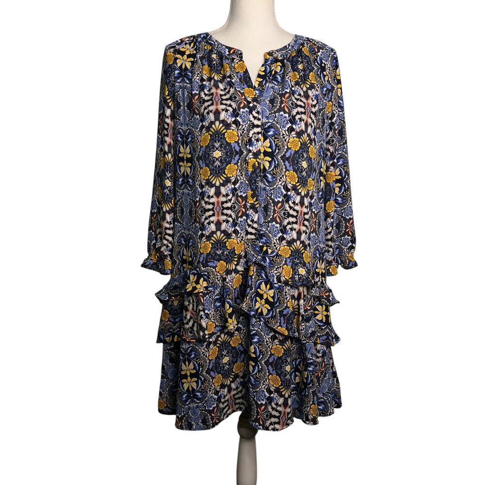 Loft Dress Size Small Floral Boho Ruffle Hem Drop Waist Long Sleeves Knee Length
